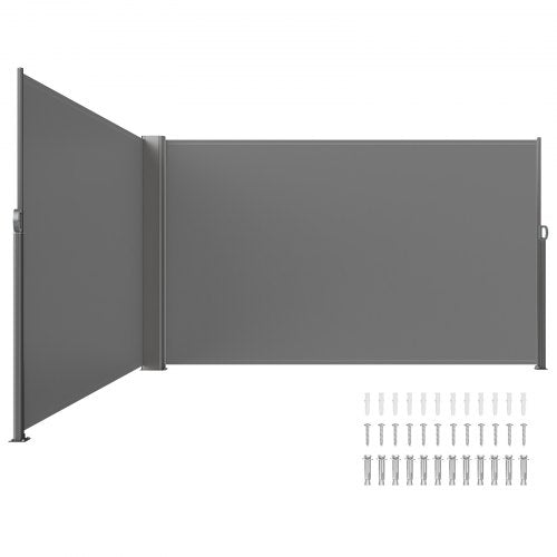 Gray 63x236 inch retractable side awning with aluminum frame and mounting hardware.