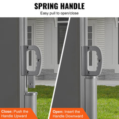 Gray spring handle for retractable awning, shown pulled up to close and pushed down to open.