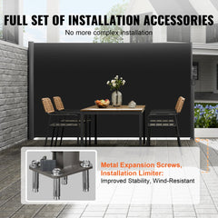 Black retractable side awning measuring 118"x71" for outdoor patio shade and privacy.