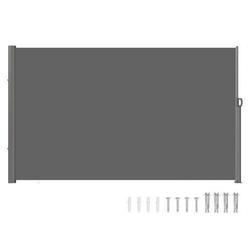 Grey retractable side awning with aluminum frame, measuring 71"x118", for outdoor privacy.