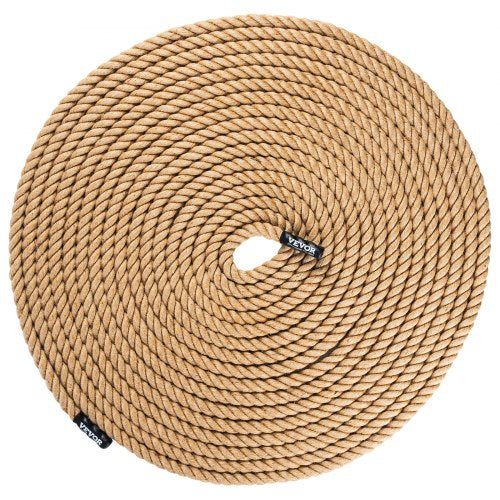 Heavy-duty 1"x100FT climbing rope made of natural hemp with rubber end caps for durability.