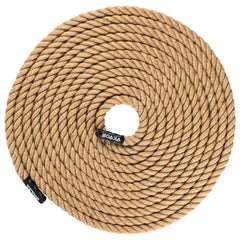 Heavy-duty hemp climbing rope, 1 inch wide and 50 feet long, with rubber caps on ends.