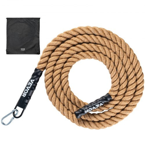 Bostome 1.5-inch by 15-foot natural jute gym climbing rope with black handles and storage bag.