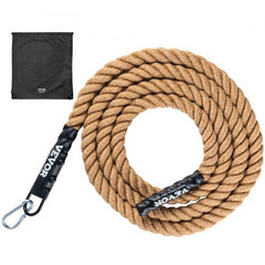 Bostome 1.5-inch by 15-foot natural jute gym climbing rope with black handles and storage bag.