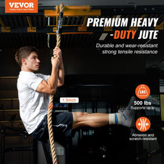 Man climbing a 1.5 inch thick natural jute gym climbing rope in a gym setting.
