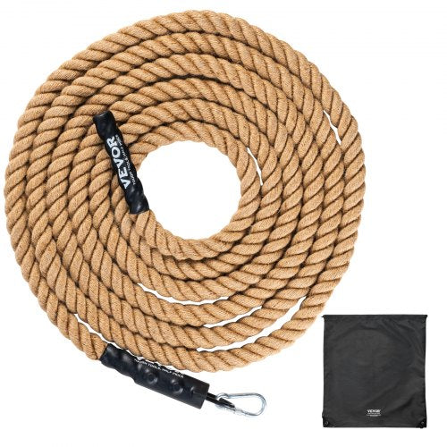 Bostome 1.5-inch by 20-foot natural jute gym climbing rope coiled with black carry bag.