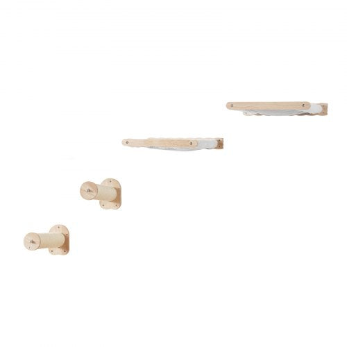 Wall-mounted cat shelves with two oak jumping posts and two linen hammocks, 40 lbs capacity.