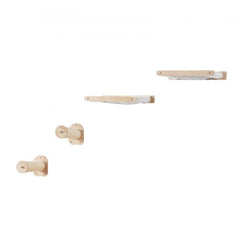 Wall-mounted cat shelves with two oak jumping posts and two linen hammocks, 40 lbs capacity.