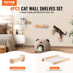 Wall-mounted cat shelves set with 2 oak jumping posts and 2 linen hammocks, supporting 40 lbs each.