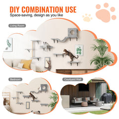 Bostome wall-mounted cat shelves tree set with natural wood includes hammock, sofa, and climbing boards.