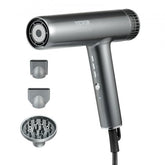 Silver Bostome Professional Ionic Hair Dryer with three attachments and control buttons on handle