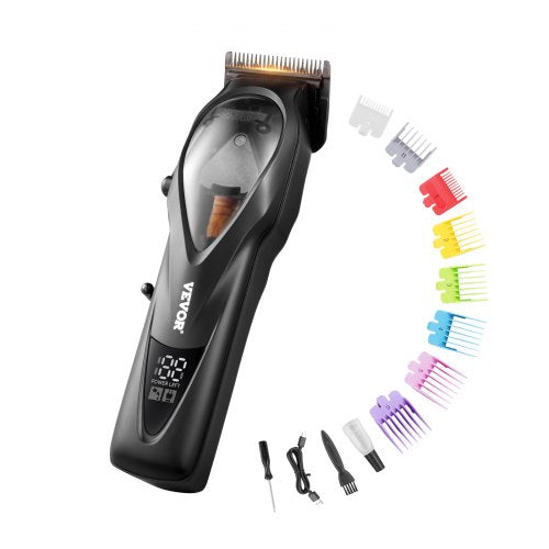 Black Bostome men's hair clipper with LED display, DLC blade, and colorful guide combs.