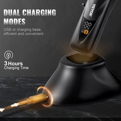 Bostome men's hair clipper with USB-C cable and charging dock on black surface.