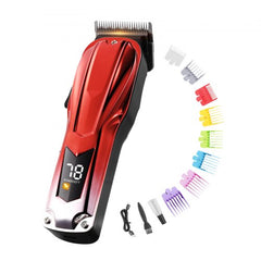 Cordless Bostome Professional Hair Clipper with LCD display and 8 guide combs for precise cuts.
