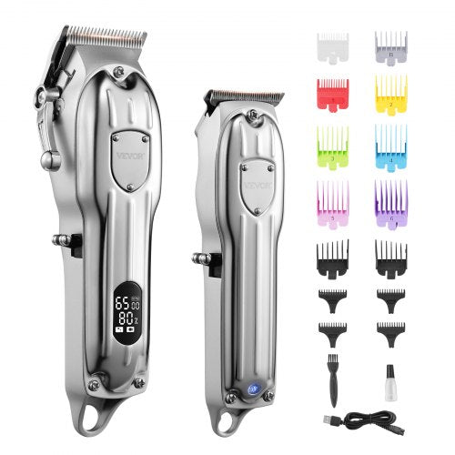 Silver Bostome cordless hair clipper and trimmer set with digital display, multiple colored guards, and USB cable.