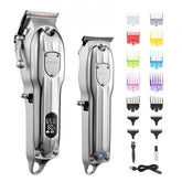 Silver Bostome cordless hair clipper and trimmer set with digital display, multiple colored guards, and USB cable.