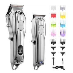 Silver Bostome cordless hair clipper and trimmer set with digital display, multiple colored guards, and USB cable.