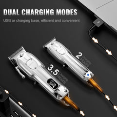 Silver cordless hair clipper and trimmer set with dual charging modes via USB or base, showing 3.5-hour clipper and 2-hour trimmer runtime.