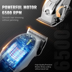 Silver cordless hair clipper and trimmer set with powerful motor and sharp blades.