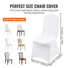 White stretch spandex chair covers fitting various high-back folding chairs, shown in a pack of 150.