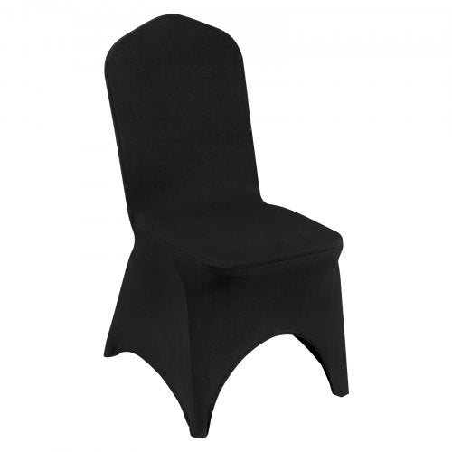 Black spandex folding chair covers with arched front design for a smooth, elegant fit.