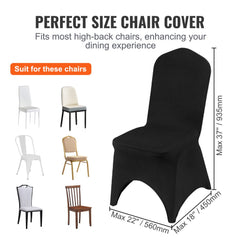 Black spandex folding chair covers with an arched front design for a smooth, elegant fit.
