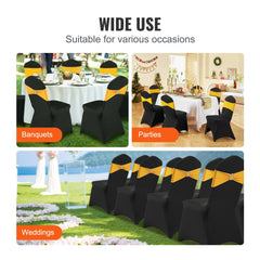 Black spandex folding chair covers with arched front design for a smooth, elegant fit.