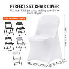 White stretch spandex chair covers fitting various folding chairs, shown in a 30-pack product image.