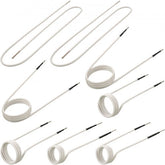 Set of 8 flexible white induction heater coils with black leads, various coiled and looped shapes.
