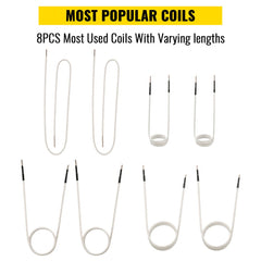 8 flexible induction heater coils of varying lengths and shapes for rusty bolt removal.