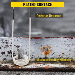 Close-up of flexible induction heater coil on rusty metal surface with plated, oxidation-resistant features and maximum heating efficiency labels.