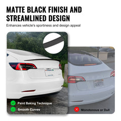 Matte black 48.2-inch ABS GT wing spoiler installed on the rear of a white Tesla Model 3.