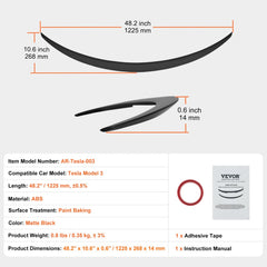 Matte black ABS GT wing spoiler for Tesla Model 3, 48.2 inches long.