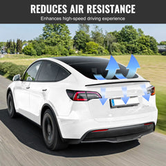 Matte black ABS rear wing spoiler designed for Tesla Model Y, featuring aerodynamic curves.