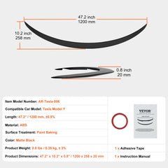 Matte black ABS rear spoiler for Tesla Model Y with aerodynamic curves and bracketless installation.