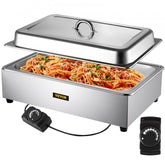 Stainless steel 9.5 Qt commercial food warmer with lid and temperature controls.