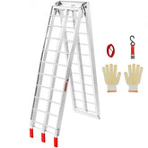 Folding aluminum motorcycle loading ramp, 89"L x 12"W, with non-slip tips and safety straps.