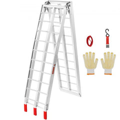 Folding aluminum motorcycle loading ramp, 89"L x 12"W, with non-slip tips and safety straps.