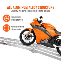 Folding aluminum motorcycle loading ramp, 89 inches long and 12 inches wide, with non-slip tips.