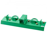 Green powder-coated steel tractor bucket grab hooks with mounting plate and rings.