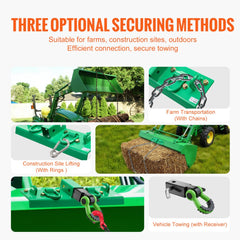 Three steel tractor bucket grab hooks with rings, chains, and receiver for securing farms and construction.