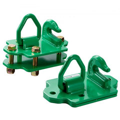 Pair of green powder-coated 3/8-inch Grade 70 steel tractor bucket grab hooks with bolt-on bases for 12,000 lb loads.