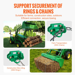 Pair of green powder-coated 3/8-inch Grade 70 steel grab hooks for tractor buckets, rated 12,000 lbs.