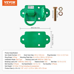 Pair of green powder-coated Grade 70 steel grab hooks with 12,000 lb capacity for tractor buckets.