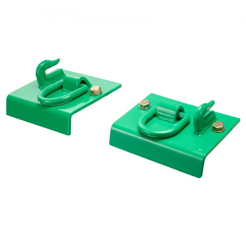 Pair of green powder-coated steel tractor bucket grab hooks with D-rings and mounting plates.