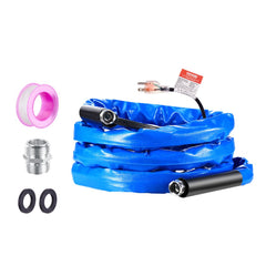 A 15ft blue heated RV water hose with pink thread-seal tape, silver connector, black rubber ring, and power plug.