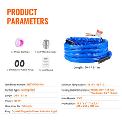 30ft blue RV heated water hose with corrugated PVC jacket, fittings, and power plug.