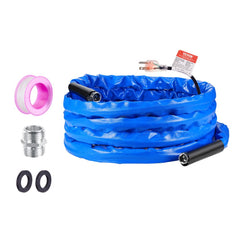 Blue 30ft expandable heated RV water hose with pink seal tape, silver fittings, black plugs, and power cord.