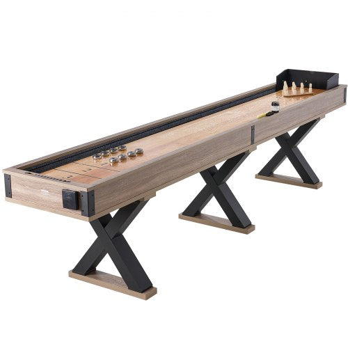 Bostome 11.5 ft shuffleboard and bowling 2-in-1 table with wood finish and X-legs.