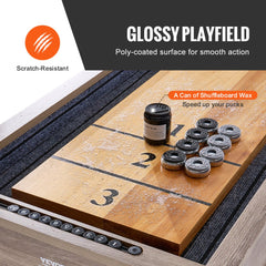 11.5 ft shuffleboard and bowling 2-in-1 table with glossy poly-coated surface, pucks, and wax can.